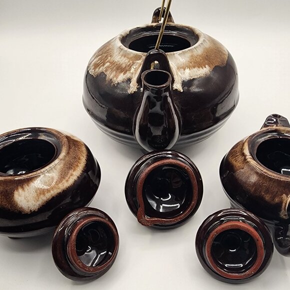 Vintage Redware Drip Glaze Teapot Creamer Sugar Set Wire Handle Ceramic Japan - Picture 7 of 11